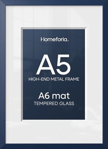 Image of Homeforia A5 Navy Blue Frame, High End Metal 5.8 x 8.3 Picture Frames Matted to 4.1 by 5.8 inch Art, A5 Display Photo Frame with Mat A6, 5.8x8.3 Blue Poster Frames, Tempered Glass, Wall Kit, Set of 1