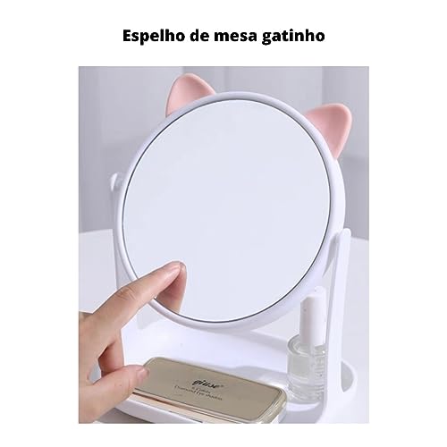 Espelho Redondo Gatinho Branco Maquiagem De Mesa Com Bandeja Para Acessórios Cosméticos Decorativo P