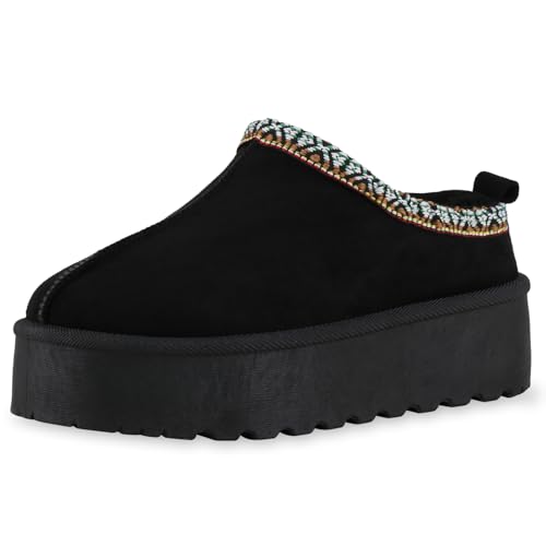 VAN HILL Damen Pantoffeln Plateau Prints Bequem Schuhe 216524 Schwarz 40