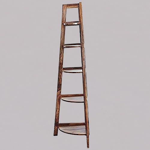 Image of Solid Sheesham Wood 5 Tier Corner Book Shelf for Home Living Room Library Office Furniture Wooden Bookcase Unit Display Rack Storage (Natural Brown Finish)