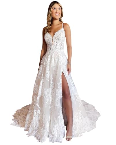 Women's Wedding Dresses for Bride 2024 V Neck Lace Backless Beach Boho Wedding Bridal Gowns