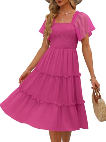 Image of LILLUSORY Women Tiered Flutter Sleeve Square Neck Smocked Midi Dress | Beach Vacation Outfits, Boho Resort Wear, Spring & Summer Staple, Cottagecore Aesthetic Fashion