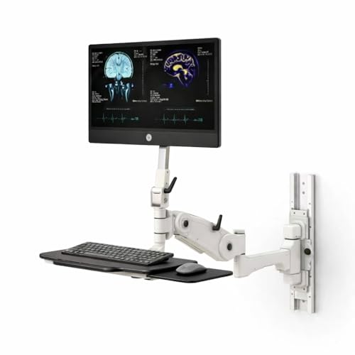 Image of PE04 Wall Mount Medical Workstation with Monitor Arm & Keyboard Tray, Adjustable Height, Space-Saving Design, Durable White Finish for Hospital, Clinic & Healthcare Use