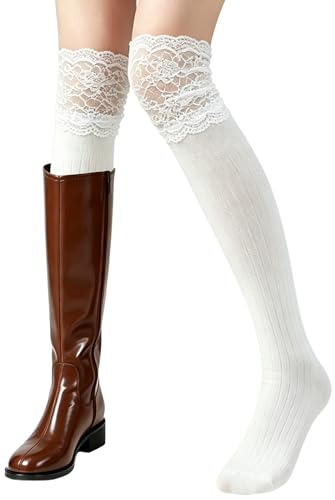 Seelsetudo White Lace Top Knee High Socks - Long Boot Stocks Girl Knee High Stockings Fashion Casual