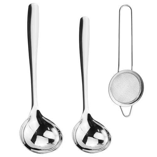 Cke Lot de 2 louches à soupe en acier inoxydable – Cuillère à sauce – Pour hôtel, maison, restaurant, cuisine, argent, avec 1 passoire droite veinée de 6 cm