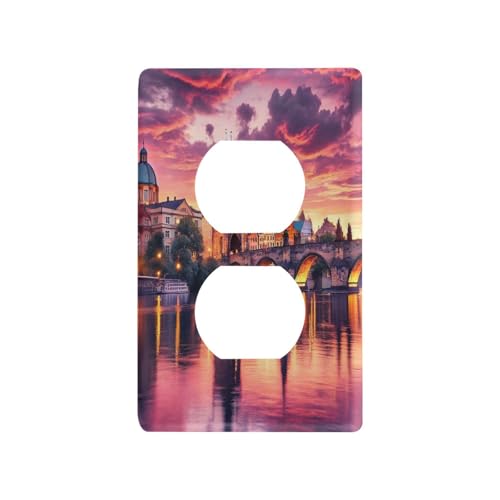 Bridge Buildings Purple Light Switch Cover Decorative Receptacle Outlet Wall Plate Guard Plastic Wall Outlet Cover for Farmhouse Home Decor Livingroom (Duplex Outlets Cover)