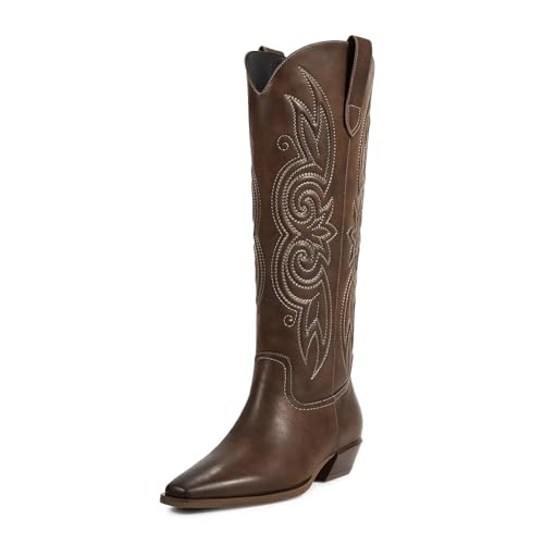ISNOM Cowboy Cowgirl Boots for Women, Western Boots Square Toe Knee High Boots with Low Heel