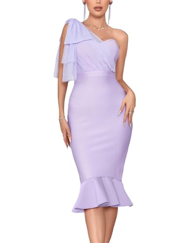 Image of houstil Women's One Shoulder Fishtail Wedding Guest Bandage Dress Mesh Midi Graduation Bodycon Party Club Dresses