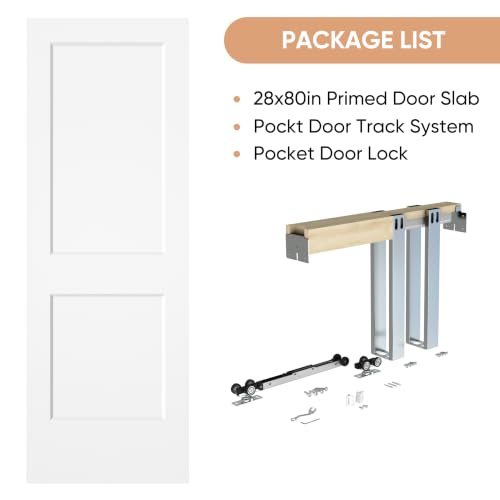 Image of BARNSMITH 28in x 80in Sliding Pocket Door, Track Hardware and Frame Kits with 2-Panel White Paintable Door Slab Included, Soft Close Mechanism, Durable and Smooth