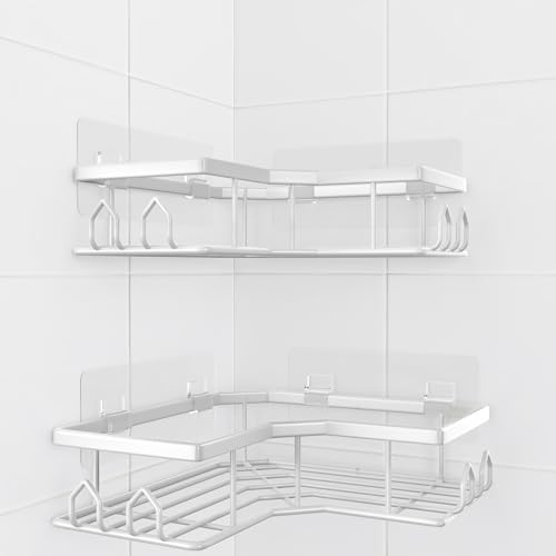 QHMCHLDZ Adhesive Shower Caddy 2 Pack Corner Bath Organizer Rustproof Stainless Steel Shower Shelves with Large Capacity No Drilling Shelves for Bathroom Storage Home Kitchen Dcor (White).