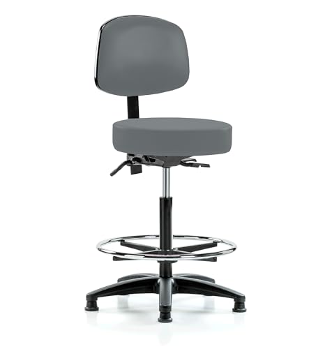 Image of Perch Stationary Height Adjustable Doctor's Stool with Back and Foot Ring | High Bench Height 25-35 inch | Cinder Fabric