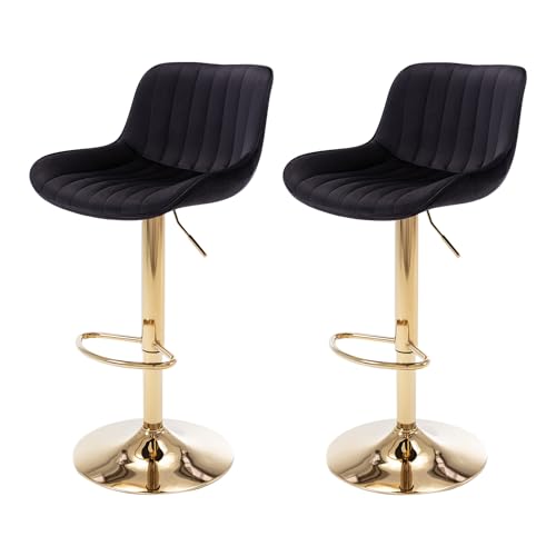 Image of ECHINGLE Velvet Bar Stools Set of 2 - Swivel Counter Height Barstools with Back & Adjustable Height, Modern Gold Kitchen Island Stools for Bar, Armless Pub Stools, Soft Black Upholstered Seating