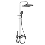 4-Function Shower Mixer Set with Rainfall Overhead, 3-Spray Handheld Shower, Pull-Out Spray Gun & Tap, Height Adjustable Riser Bar, Grey Titanium Colour