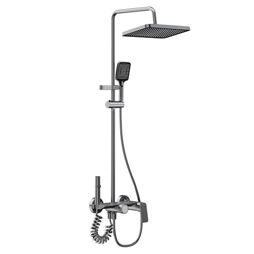 4 Function Shower Mixer Set with Rainfall Top, 3-Spray Handheld, Pull-Out Spray Gun & Tap, Height Adjustable Riser Bar,Grey Titanium Colour