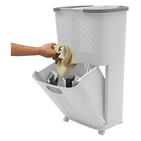 2 Tier Multifunctional Clothes Separation Basket, Portable Removable Clothes Storage Basket, Removable Storage Basket with 4 Universal Wheels, Suitable for Laundry Balcony Bathroom Bedroom Cover