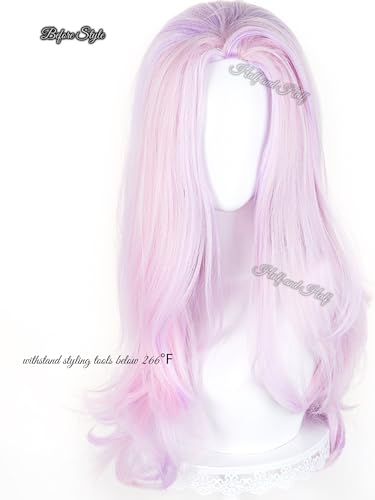 Image of Takako Uro Cosplay Wig Long Curly Pink and Light Purple Anime Wig for Women Vibrant Pink Wigs with Long Side Part Bangs for Halloween Party Daily