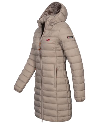 Geographical Norway Damen Winter Jacke Steppjacke Parka Lange Kapuzenjacke Steppmantel Outdoor abnehmbare Kapuze, Farbe:Beige, Größe:XXL (44)