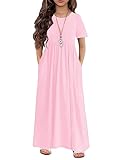 Arshiner Girls Long Dress, Short Sleeves with Pockets, Maxi Casual Soft Dress for Holiday (10-11 Years/Pink)