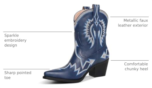 Image of HOCHFART Women's Western Ankle Cowboy Boots Chunky Pointed Toe Wide Calf | Metallic PU-Leather, Embroidered, Pull-On, Concert, Festival, Rodeos, Party, Daily Wear, All-Day Comfort