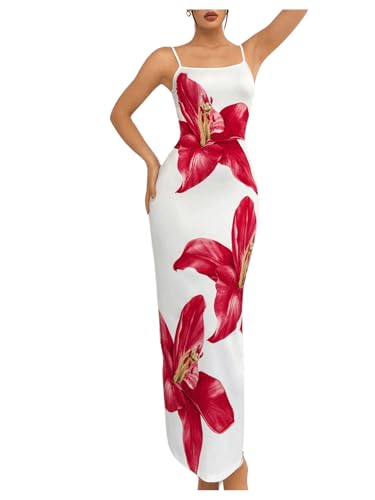 Verdusa Women's Floral Print Summer Backless Bodycon Cami Dresses Flowy Knitted Maxi Dress White and Red Small