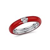 Santuzza Stackable Enamel Ring 925 Sterling Silver Stacking Cubic Zirconia Eternity Colorful Rainbow Ring for Women (6, Red) Image