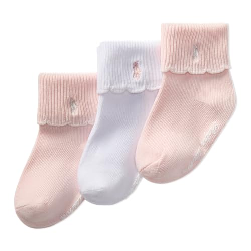 POLO RALPH LAUREN Baby Girls Scalloped Edge Turn Cuff Ankle Socks 3 Pair Pack Soft Sustainable Cotton