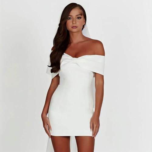 sxvbdway Women Dress Ball Mini Prom Off Shoulder Sheath Backless Slim Fit Bow Tight Waist Party Banquet White S Off The Shoulder Dress - Thumbnail 6