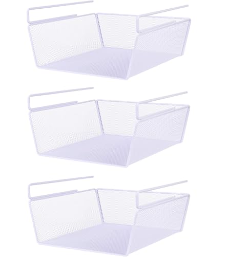 Image of Styleys Under Shelf Baskets - Mesh Wire Rack Shelf Organizer Hanging Baskets for Office Kitchen Pantry Organization and Storage (12-inch, White), 3 Pieces - S11036A