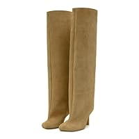 Wnshonzy Knee High Boots for Women Faux Suede Wide Calf Square Toe Tall Stiletto Kitten High Heels Thigh Long Fall Boot Pull on Fashion Casual Cute Y2K, Brown, 8.5 UK