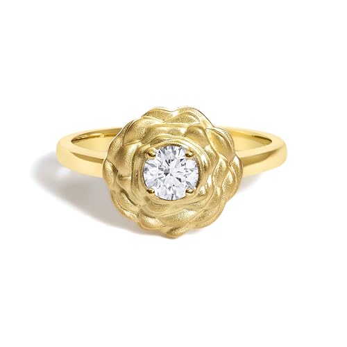 14K Yellow Gold Plated Sterling Silver 1/3 Cttw Lab Grown Diamond Floral Motif Solitaire Ring - Size 7