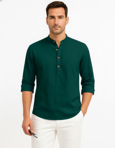 Image of Zombom Men's Cotton Blend Kurta Shirt with Full Sleeves Mandarin Collar Neck Solid Pattern for Men Regular Fit Ethnic Wear Casual Festive Top Modern Style | Cotton Shirt for Mens