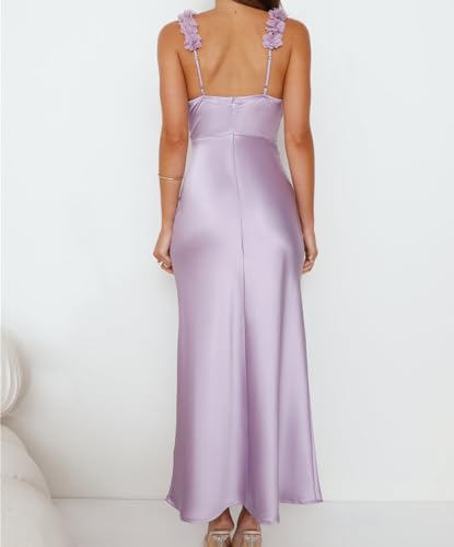 Image of Phicia Summer Satin Spaghetti Strap V Neck Midi Dresses for Women Wedding Guest Elegant Flower Backless Cocktail Formal Dress
