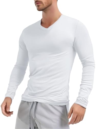 Men V Neck Long Sleeve Tee Tops Muscle Slim Fit Low Cut Stretch Undershirts T-Shirts
