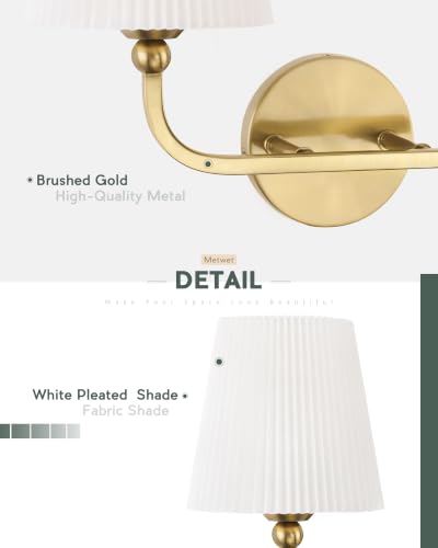 Image of 2-Light Brushed Gold Bathroom Vanity Light, Pleated Fabric Shade