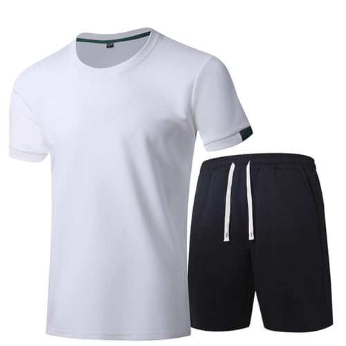 WAZHAKU Traje deportivo para hombre, chándal de entrenamiento, ropa deportiva, ropa deportiva de dos piezas, traje de fitness, traje de verano, sudadera y pantalones unisex, R blanco., L