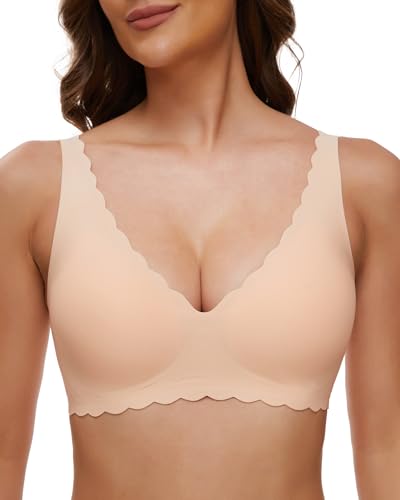 OXYIBRAS Women's Bralettes Non Wired Plunge Scalloped Padded Wireless Comfort Everyday Bra Beige M