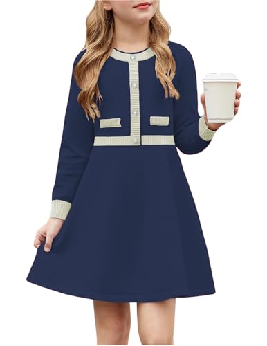 Arshiner Niñas Vestido Invierno Niños Cálido Punto A-Line Fiesta Festivo Elegante de Manga Larga Vestidos para Niñas 13-14 años Azul Marino