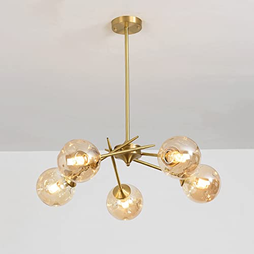 Lustre satellite en laiton et verre cognac 5 lumières pour plafond design
