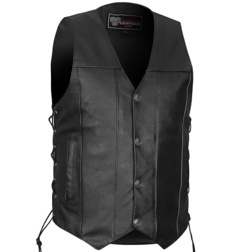 Mens Leather Motorcycle Vest with CCW Pocket, Black Premium Leather Vest for All-Weather Motorbike Riding