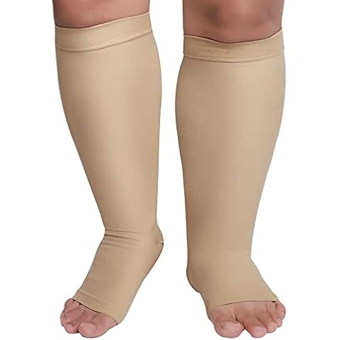 KEKING® Extra Wide Calf Compression Socks for Men & Women, 20-30 mmHg Compression Stockings Open Toe - Plus Size Knee High Support Hose for Varicose Veins, Pain Relief, Swelling, Beige M Cover