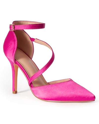 Image of Women's Pointed Toe High Heel Pumps, Elegant Asymmetric Cross Strap D'Orsay Stiletto Strappy Heels, Glossy Patent Dress Shoes for Wedding, Party, and Office