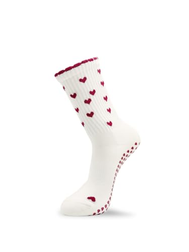 grippyglow Pilates, Yoga, Barre Anti-Rutsch Socken für Damen aus Baumwolle mit Grip in Herzform - Beige Rot - Gr. 36-41 - Ruffle Heart grippyglow Pilates, Yoga, Barre Anti-Rutsch Socken für Damen aus Baumwolle mit Grip in Herzform - Beige Rot - Gr. 36-41 - Ruffle Heart