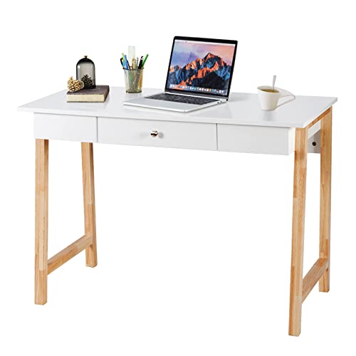 GOPLUS Bureau met lade, werktafel met massief houten poten, make-uptafel zonder spiegel, Scandinavische stijl, voor werkkamer, kinderkamer, belastbaar tot 50 kg, kleurkeuze