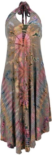 GURU SHOP Rückenfreies Unikat Batik Midikleid, Neckholder Boho Pixi Kleid - Taupe/orange, Damen, Synthetisch