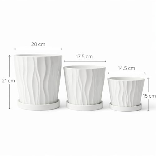 Image of Xtore Elegant Ribbed Ceramic Planter Pot Set with Drain Trays for Indoor & Outdoor Plants | Modern Minimal Flower Pots for Living Room, Balcony & Office Styling (White, Set of 3 Sizes) (Planter only)