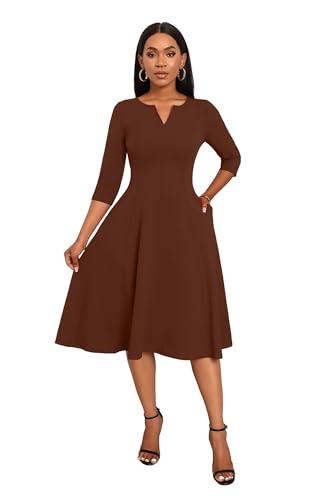 Image of Nmoder Midi Dresses for Women A-Line Fit and Flare Dress 3 /4 Sleeve V Neck Cocktail Wedding Guest Work Dress with Pockets
