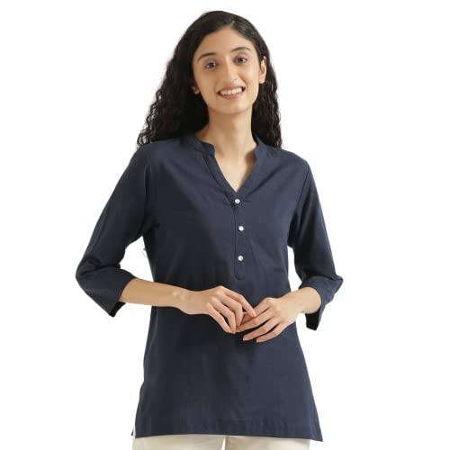 Image of SAADAA Women Short Kurti Airy Linen Regular Fit Kurta with 3 /4th Sleeves, Mandarin Collar, Side Slit Perfect for Casual, Formal, and Ethnic Wear
