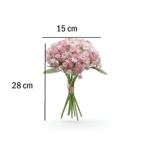 Image of Artificial Baby Breath Pink Flower Bouquet - 12 Stems, 28cm Height Faux Bunch with Green Leaves for Home, Office, Wedding & Party Decoration
