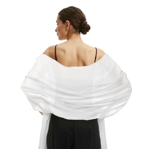 Étole Femme en Mousseline de Soie, Châle Long pour Mariage & Robe de Soirée, Foulard Pashmina Doux et Léger, Écharpe Festive pour Cérémonie,Blanc