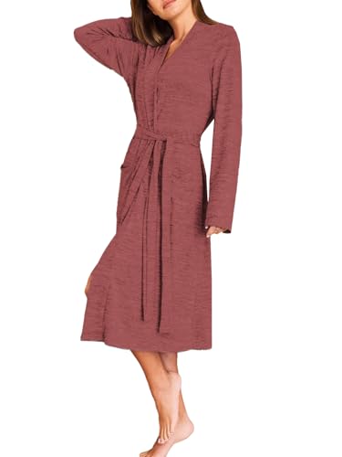 NLAND Vestaglia Kimono Lungo Donna Morbida e Confortevole Scollo a V Vestaglie da Notte Eleganti con Cintura e Tasche per Sonno Relax Casa(Bordeaux,L)